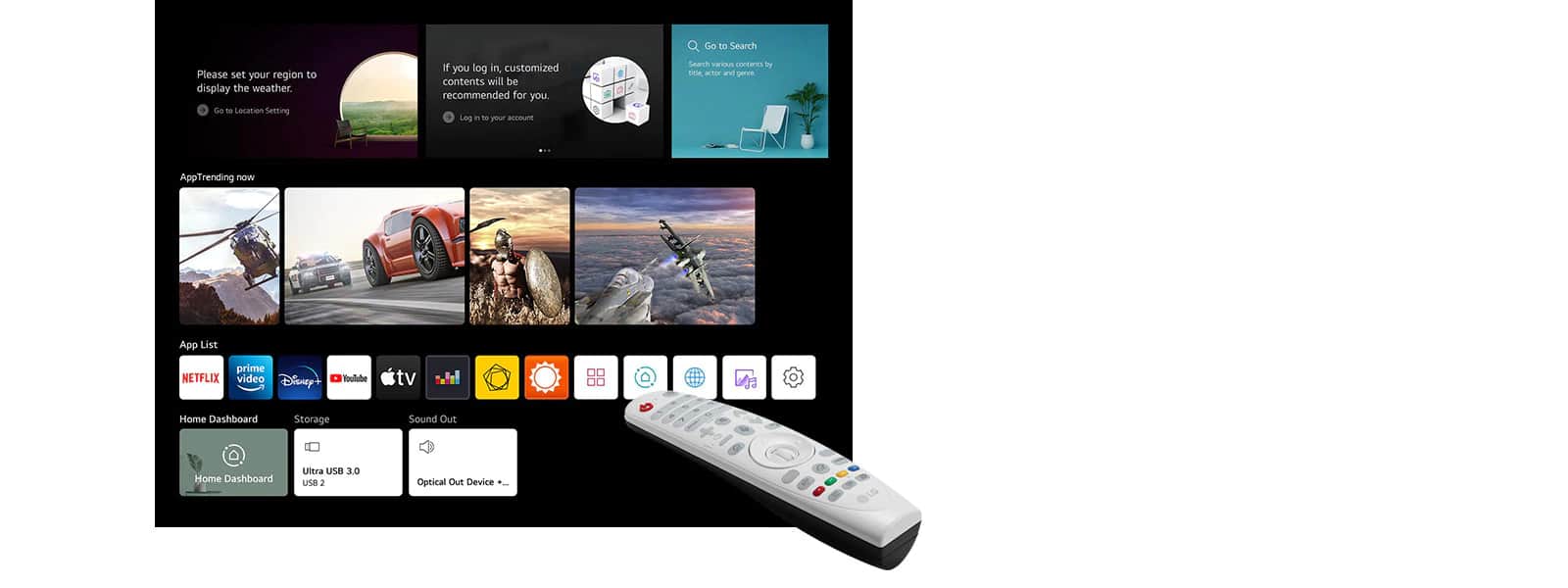 System webOS umożliwia połączenie z siecią Wi-Fi, aby uzyskać dostęp do treści wideo za pośrednictwem fabrycznie zainstalowanych aplikacji.