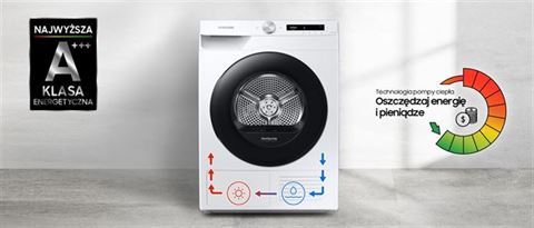 Samsung - suszarka DV90T5240AWS6 - niskie zużycie energii Samsung - suszarka DV90T5240AWS6 - niskie zużycie energii elektrycznej