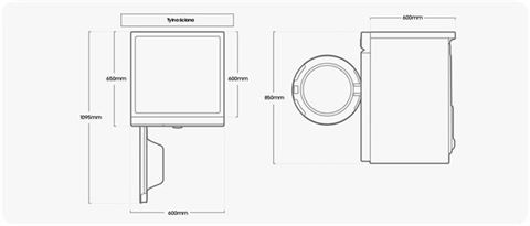 Samsung - DV90T5240AWS6 - rysunek techniczny i ustawienie urządzenia względem ściany Samsung - suszarka DV90T5240AWS6 - rysunek techniczny i ustawienie urządzenia względem ściany