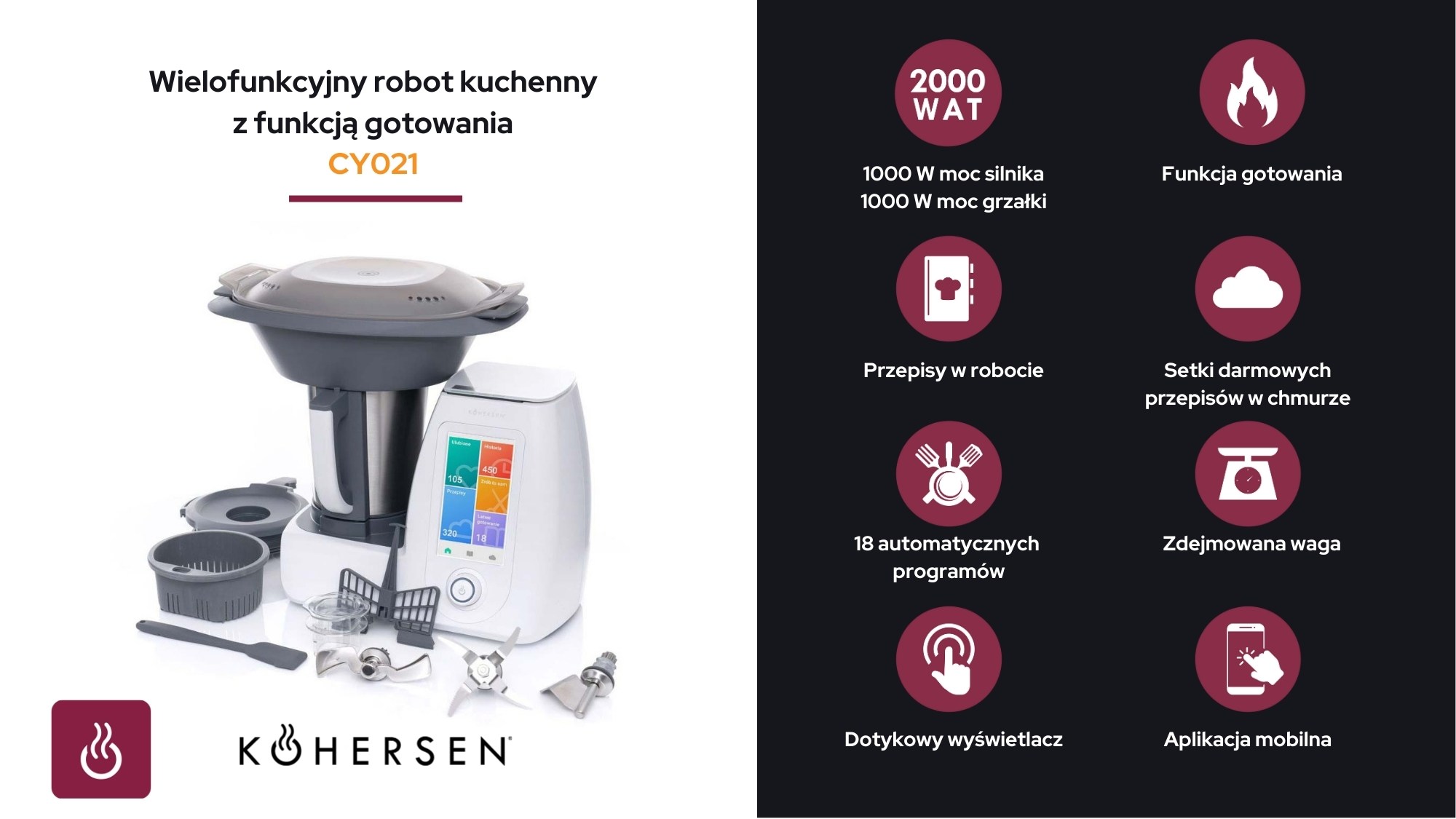 Wielofunkcyjny robot kuchenny z funkcją gotowania Kohersen CY021 w kolorze białym