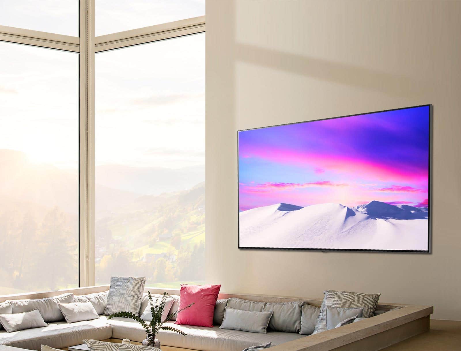 Scena przedstawiająca duży i smukły telewizor LG NanoCell TV wiszący na ścianie.