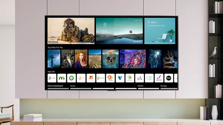 Ekran telewizora przedstawiający nowy ekran główny ze spersonalizowaną treścią i kanałami