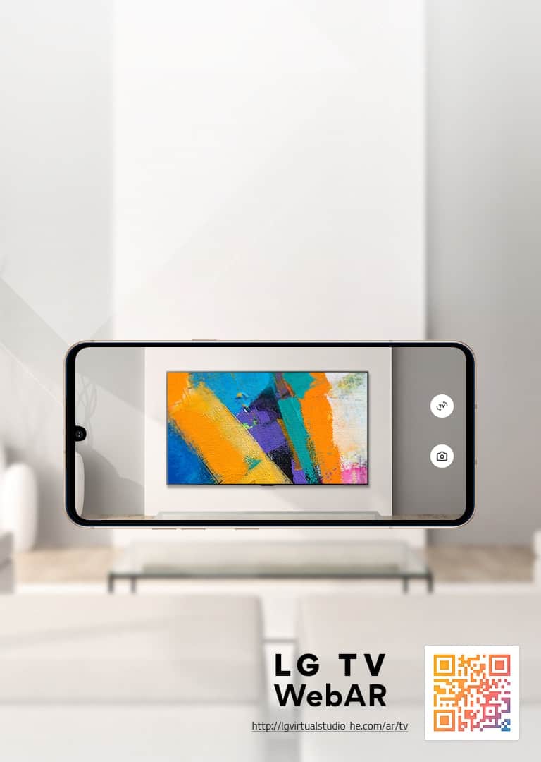 To jest symulacja Web AR obrazu telewizora LG OLED. Obrazy telefonów komórkowych nałożone na minimalistyczną przestrzeń. W dolnym prawym rogu znajduje się kod QR.