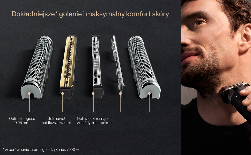 Dokładniejsze* golenie i maksymalny komfort skóry. Goli na długość 0,05 mm. Goli nawet najdłuższe włoski. Goli włoski rosnące w każdym kierunku. Chroni Twoją skórę. Goli na długość 0,05 mm. * w porównaniu z samą golarką Series 9 PRO+