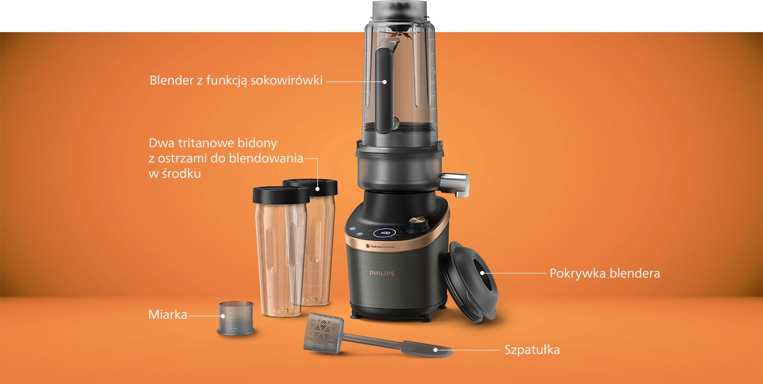 Opakowanie zawiera blender, dwa ostrza, miarkę, pokrywkę oraz szpatułkę Opakowanie zawiera blender, dwa ostrza, miarkę, pokrywkę oraz szpatułkę