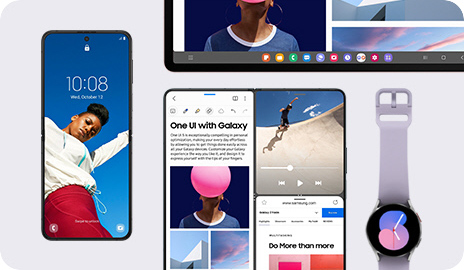 phpnlrrd6 sm-a145-10-2-one-ui Galaxy Z Flip po lewej stronie ma tapetę i widżet zegara cyfrowego. Obok niego ekran Galaxy Z Fold jest podzielony na trzy sekcje. Powyżej widoczny jest pasek zadań Galaxy Tab. Galaxy Watch po prawej ma tarczę zegarka.
