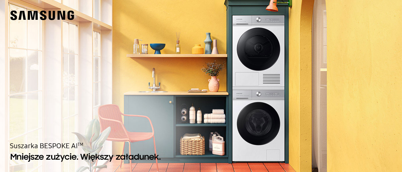Samsung suszarka Bespoke DV90BB9445GHS6 w żółtej pralni Samsung nowoczesna suszarka Bespoke DV90BB9445GHS6 w żółtej pralni
