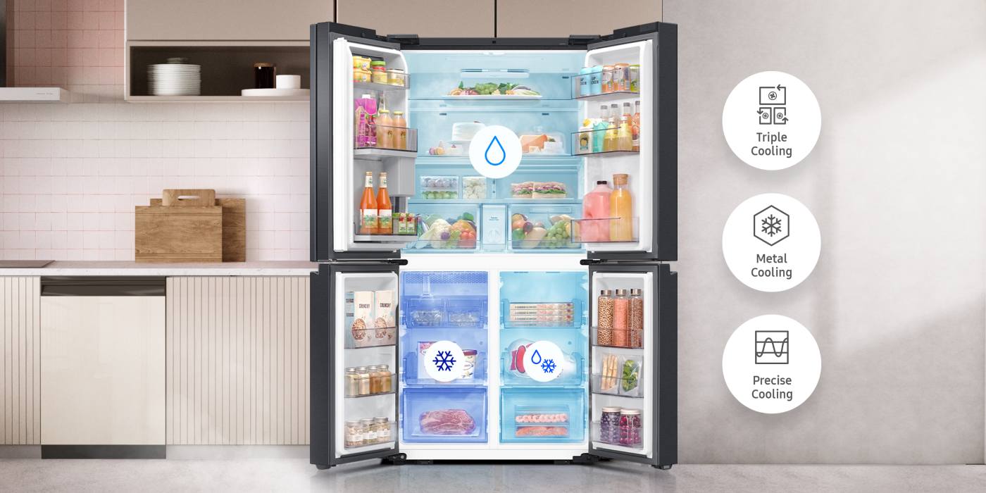 Lodówka Samsung RF65DG9H0EB1EO z technologią Triple Cooling, Metal Cooling i Precise Cooling sprawia, że przechowywane w niej produkty dłużej pozostają świeże Lodówka Samsung RF65DG9H0EB1EO z technologią Triple Cooling, Metal Cooling i Precise Cooling sprawia, że przechowywane w niej produkty dłużej pozostają świeże