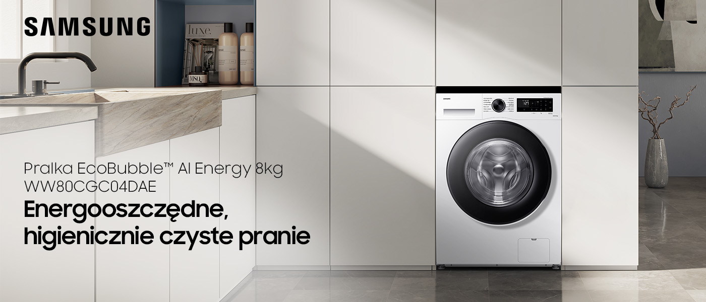 Biała pralka EcoBubble AI Energy marki Samsung wbudowana w szafki Biała pralka EcoBubble AI Energy WW80CGC04DAE marki Samsung wbudowana w szafki