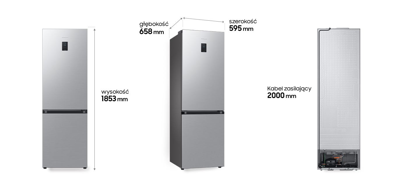 Lodówka Samsung RB34C675ESA pokazana z trzech stron wraz z opisem jej wymiarów Lodówka Samsung RB34C675ESA pokazana z trzech stron wraz z opisem jej wymiarów