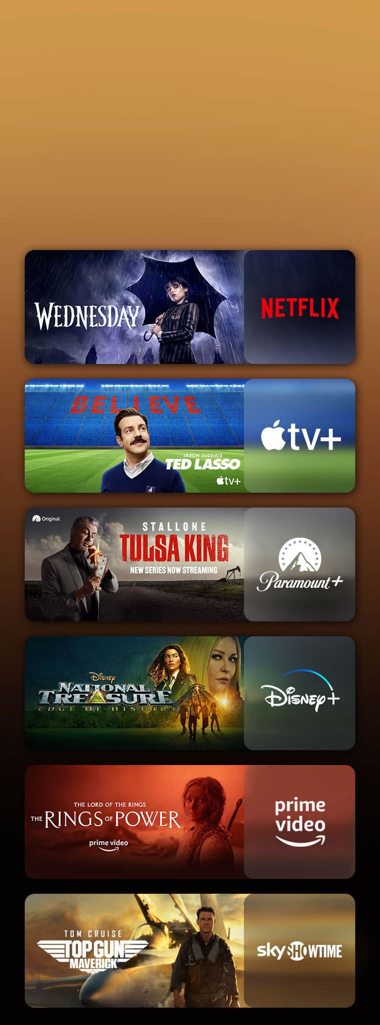 Logo platform streamingowych i odpowiadające im sceny obok nich. Są ukazane kadry z Wednesday z Netfliksa, TED LASSO z Apple TV, Tulsa King z Paramount+, Skarb narodów z Disney Plus, Pierścienie władzy z PRIME VIDEO, TOP GUN ze SkyShowtime.