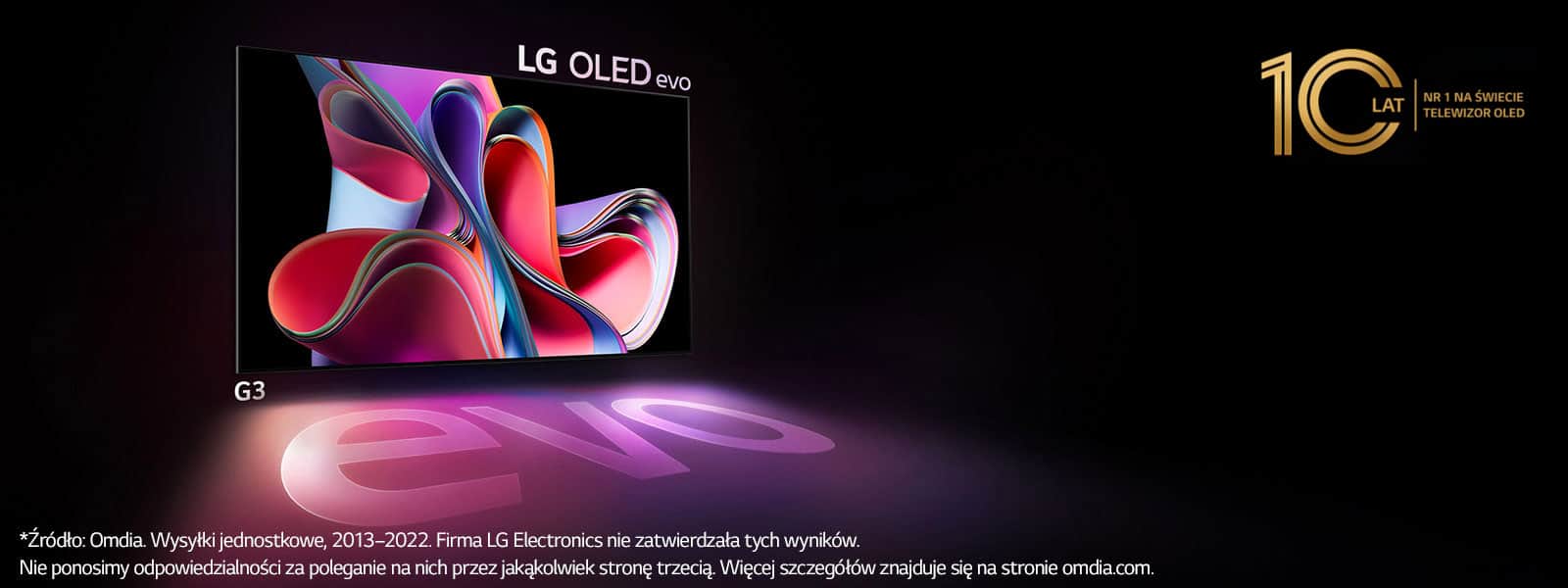 LG OLED G3 evo jasno świeci w ciemnym pomieszczeniu. W prawym górny rogu znajduje się logo na cześć 10. rocznicy OLED.