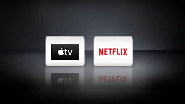 Logo LG Channels, Netflix, Disney+ i Apple ułożone poziomo na czarnym tle.