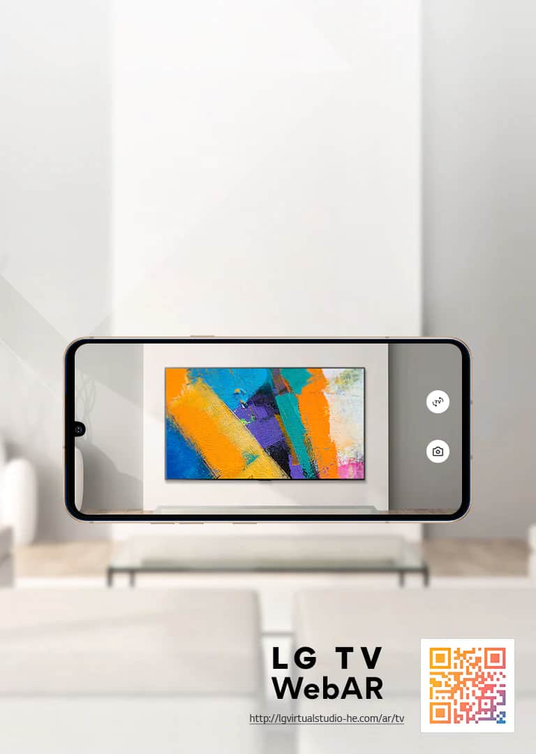 To jest symulacja Web AR obrazu telewizora LG OLED. Obrazy telefonów komórkowych nałożone na minimalistyczną przestrzeń. W dolnym prawym rogu znajduje się kod QR.