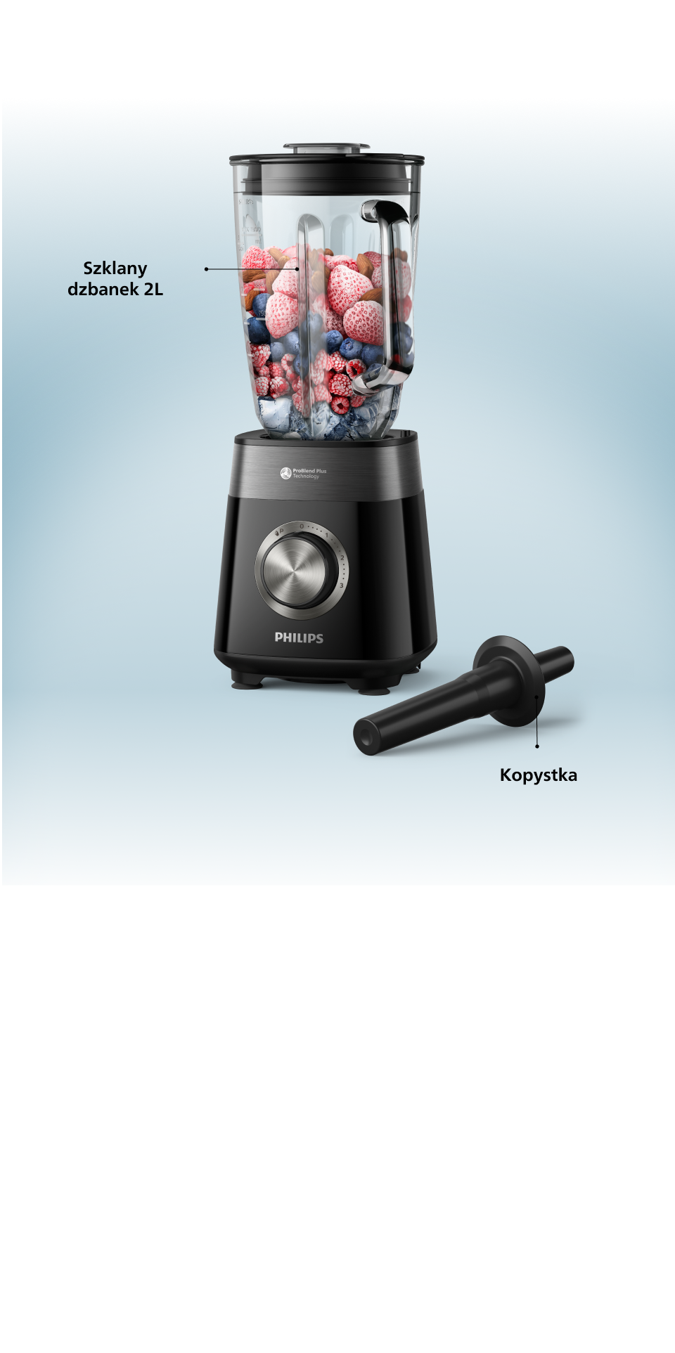 Blender ze szklanym 2L dzbankiem i kopystką Blender ze szklanym 2L dzbankiem i kopystką