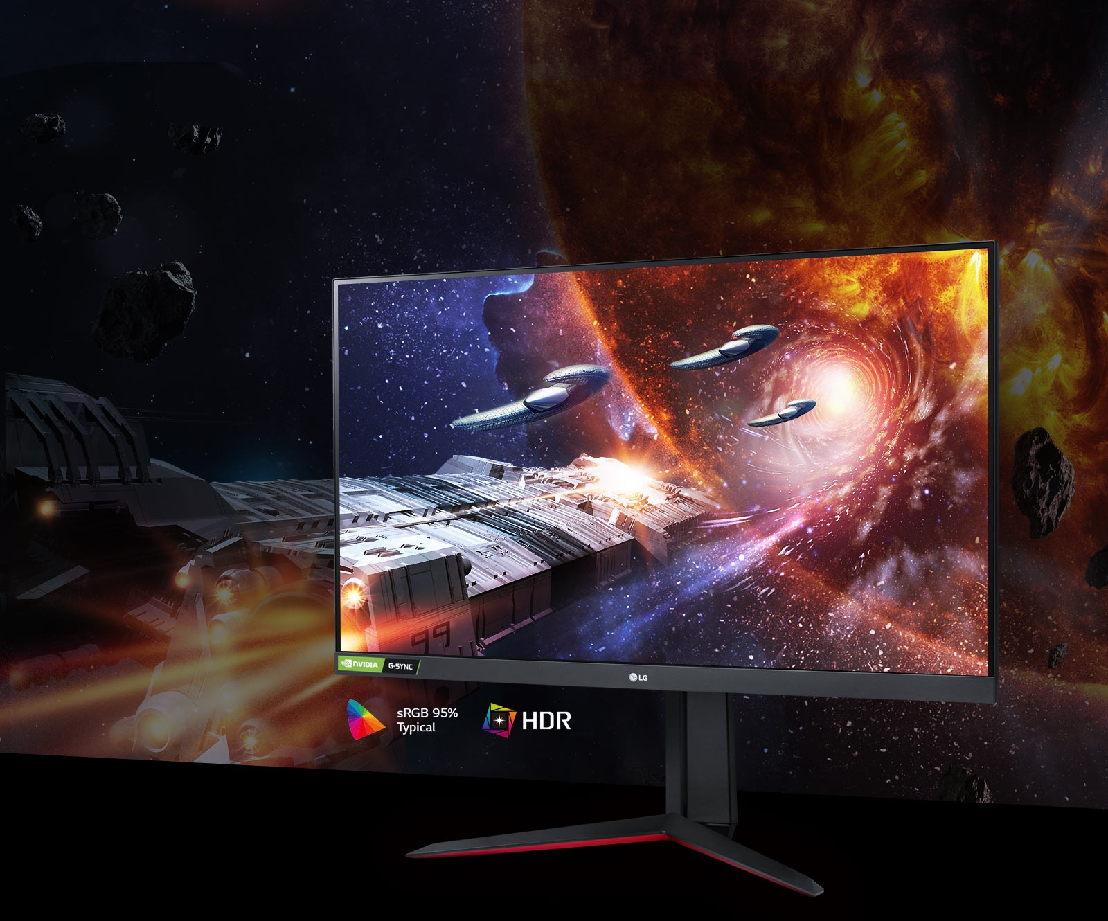 Scena z gry w bogatej szacie kolorystycznej i z wysokim kontrastem na monitorze obsługującym Hdr10 i pokrywającym 95% palety Srgb (typ.)