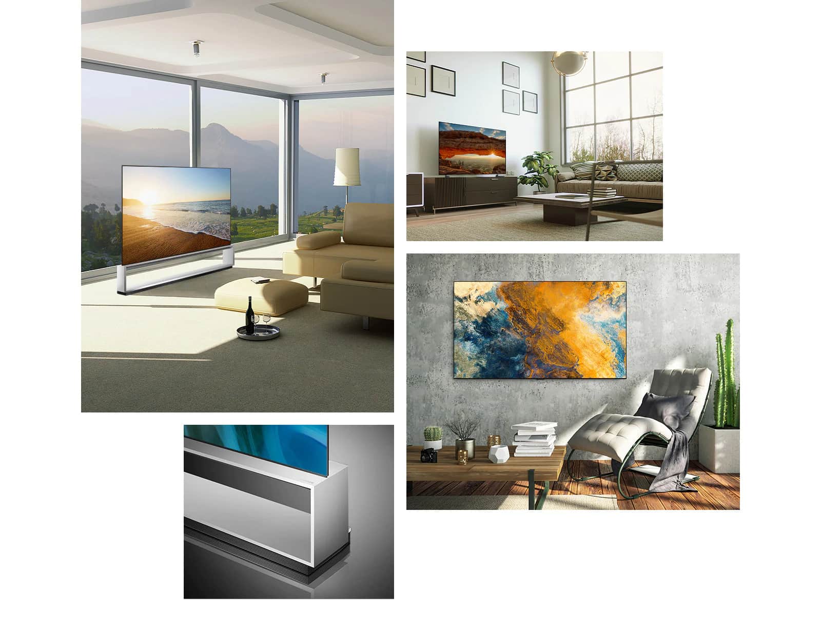 Telewizor LG OLED Z2 z podstawą Floor Stand stoi naprzeciwko dużego okna wyglądającego na pola i góry. Telewizor LG OLED Z2 stoi na podstawie w pokoju gościnnym w kolorach ziemi z roślinami i dopasowanymi ozdobami. Telewizor LG OLED Z2 wisi na szarej ścianie w pokoju gościnnym z nowoczesnym fotelem bujanym i kaktusami. Widok z boku podstawy Floor Stand telewizora LG OLED Z2.
