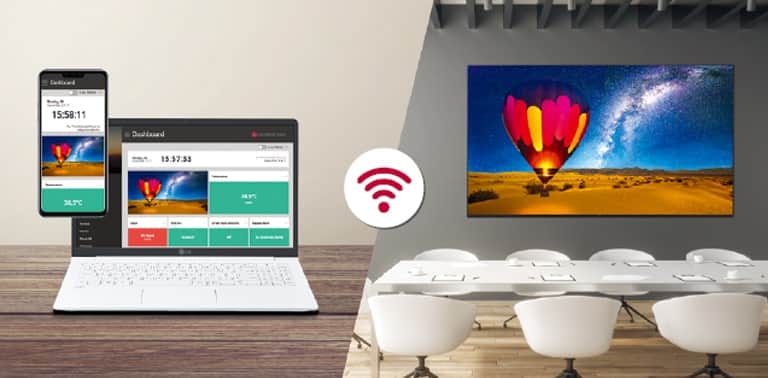 Ekran z serii UL3J można zdalnie obsługiwać i monitorować za pomocą aplikacji Control Manager na urządzeniu mobilnym lub laptopie.