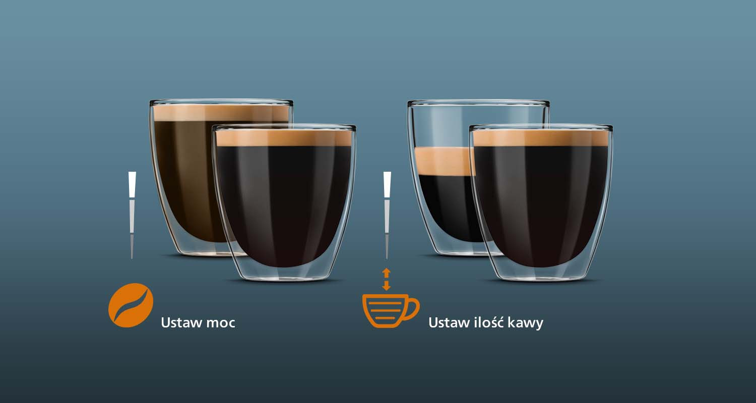 Ustaw moc, ilość kawy i ilość mleka, by stworzyć ulubioną kawę Ustaw moc, ilość kawy i ilość mleka, by stworzyć ulubioną kawę