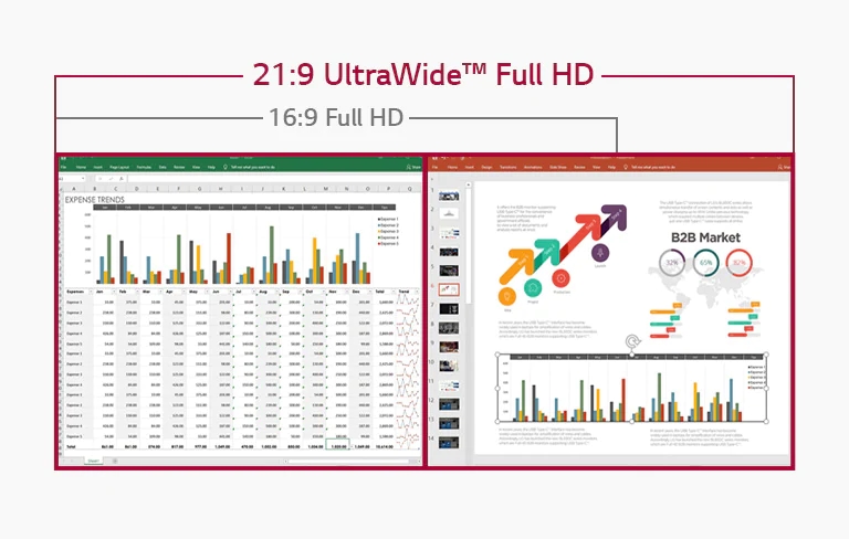 Obraz przedstawiający arkusze danych i slajdy obok siebie na ekranie monitora UltraWide Full HD 21:9. Na ekranie Full HD 16:9 taka aranżacja nie byłaby możliwa z powodu zbyt małej ilości miejsca.