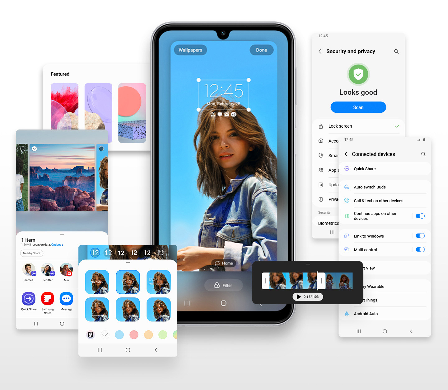 sm-m346-11one-ui1 Galaxy M34 5G znajduje się pośrodku, z 3 ekranami po lewej stronie pokazującymi opcje dostosowywania tapet i 2 ekranami po prawej stronie pokazującymi ustawienia bezpieczeństwa i prywatności.