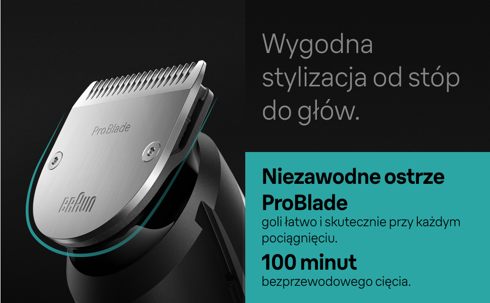 Wygodna stylizacja od stóp do głów. Niezawodne ostrze ProBlade goli łatwo i skutecznie przy każdym pociągnięciu. 100 minut bezprzewodowego cięcia.