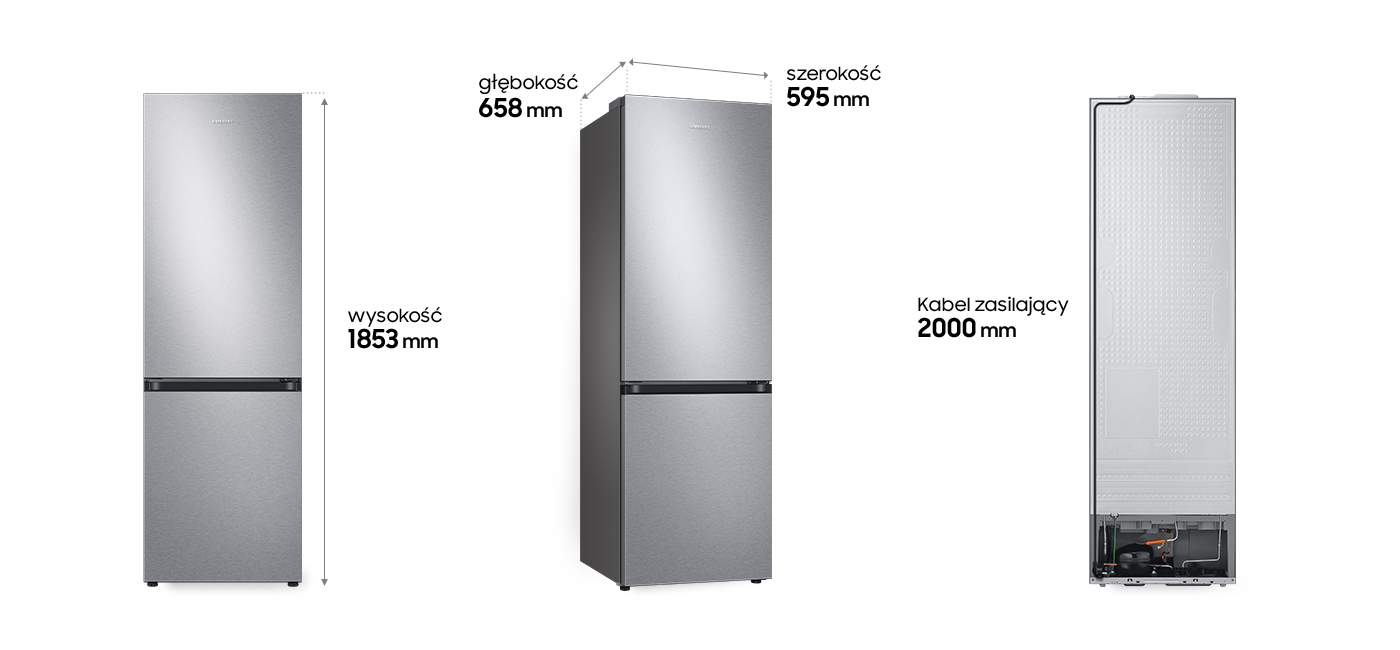 Lodówka Samsung RB34C601DSA pokazana z trzech stron wraz z opisem jej wymiarów Lodówka Samsung RB34C601DSA pokazana z trzech stron wraz z opisem jej wymiarów