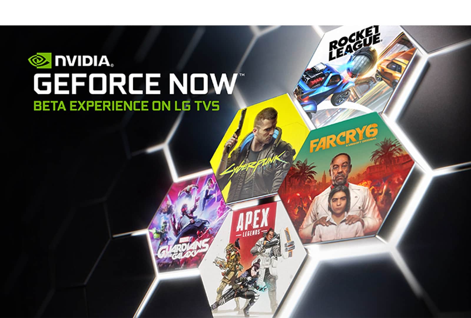 Obraz przedstawiający logo GeForce Now na ciemnym tle. Pokazane są okładki i tytuły kilku popularnych gier.