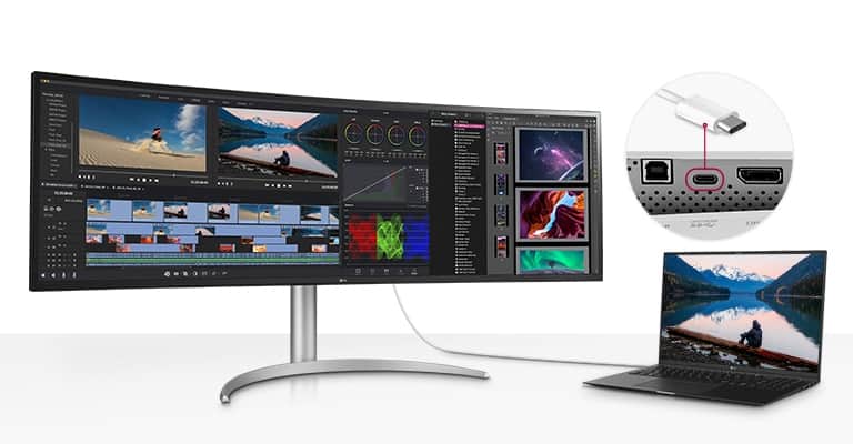 Port USB Type-C™ pozwala zarówno na przesyłanie obrazu i danych, jak i na ładowanie podłączonych urządzeń, dzięki czemu możesz podłączyć swojego laptopa za pomocą jednego kabla.