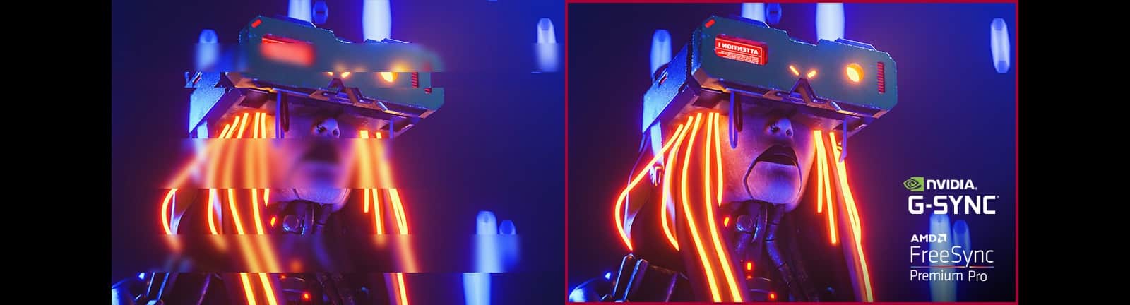 Duży obraz przedstawia symulację efektów po wyłączeniu technologii NVIDIA® G-SYNC® i AMD FreeSync™ Premium Pro. Obraz po prawej symuluje scenę z ograniczonym rozrywaniem i zacinaniem obrazu dzięki włączeniu technologii NVIDIA® G-SYNC® i AMD FreeSync™ Premium Pro.
