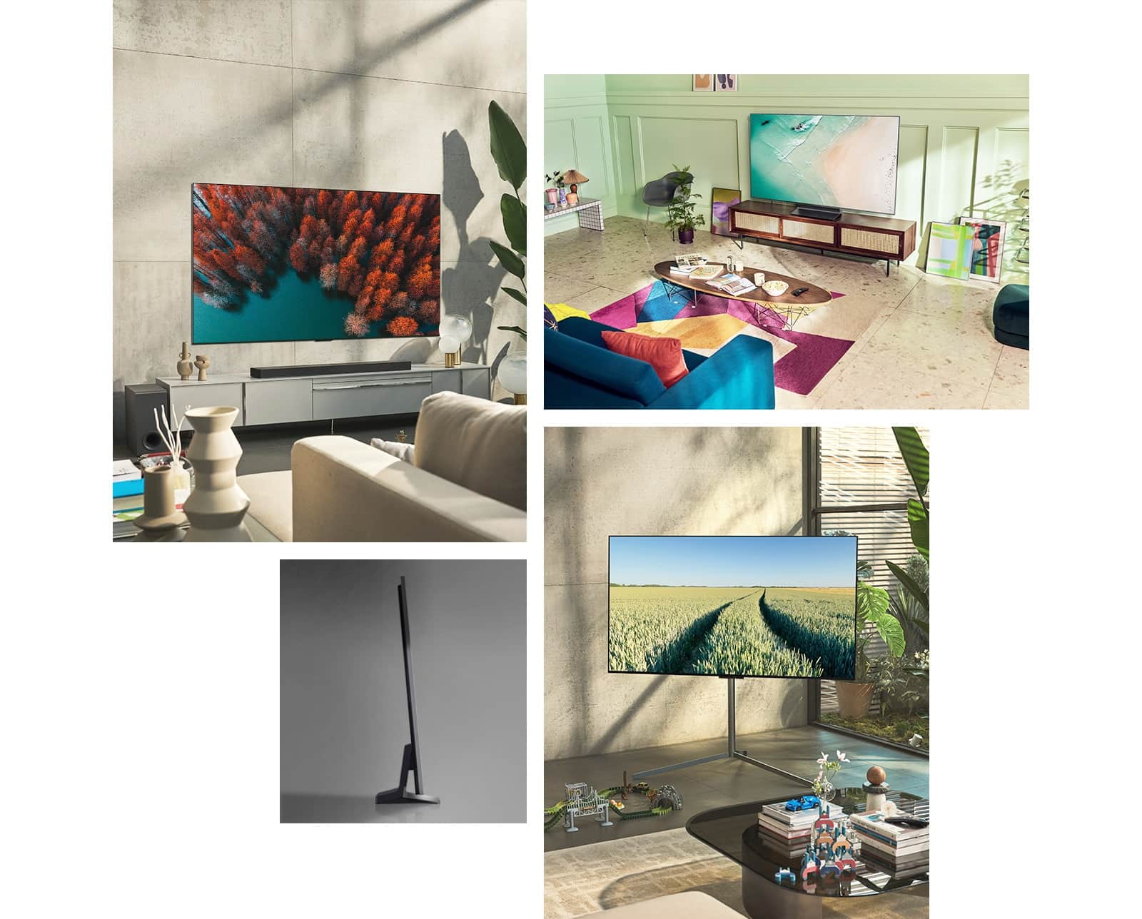Telewizor LG OLED G2 wisi na ścianie w salonie, w którym znajdują się rośliny, stosy książek i staromodna szafka. Telewizor LG OLED G2 wisi na ścianie w minimalistycznie urządzonym pokoju obok szafki z jednokolorowymi ozdobami. Widok z boku ultracienkiej ramki telewizora LG OLED G2. Telewizor LG OLED G2 wisi na kolorowej ścianie w salonie przyozdobionym suchą planetą, dyfuzorem i wazonami. Zbliżenie na ramkę ultracienkiego telewizora LG OLED G2.