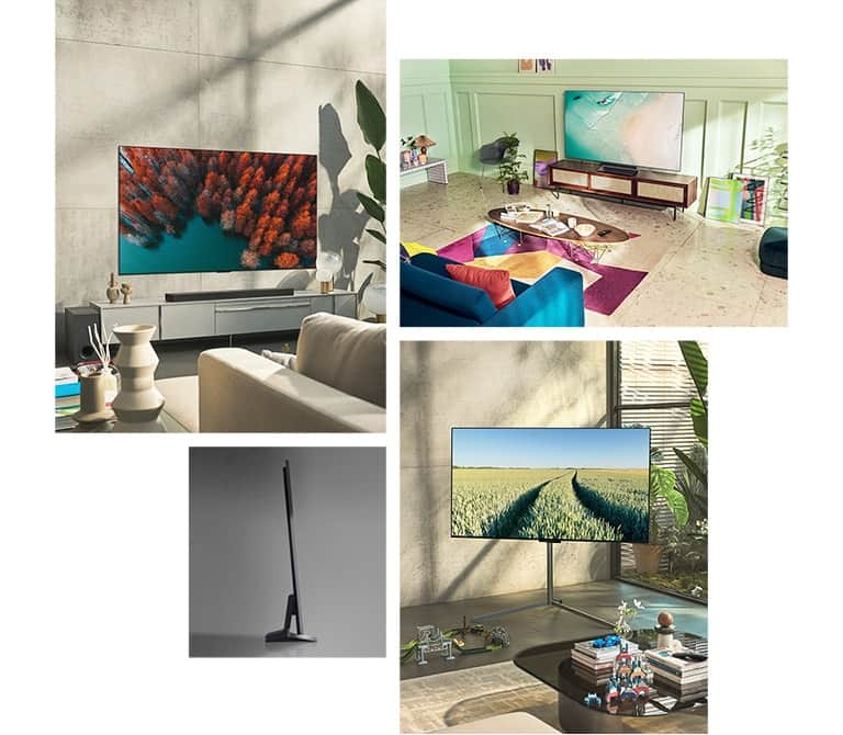Telewizor LG OLED G2 wisi na ścianie w salonie, w którym znajdują się rośliny, stosy książek i staromodna szafka. Telewizor LG OLED G2 wisi na ścianie w minimalistycznie urządzonym pokoju obok szafki z jednokolorowymi ozdobami. Widok z boku ultracienkiej ramki telewizora LG OLED G2. Telewizor LG OLED G2 wisi na kolorowej ścianie w salonie przyozdobionym suchą planetą, dyfuzorem i wazonami. Zbliżenie na ramkę ultracienkiego telewizora LG OLED G2.