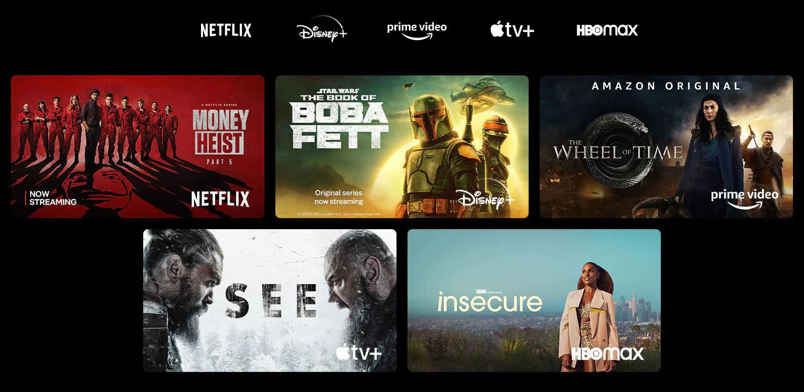 Plakaty z produkcji Dom z papieru z Netflix, Księga Boby Fetta z Disney Plus, Koło czasu z Prime Video, See z Apple TV Plus i Niepewne z HBO Max