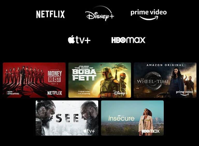 Plakaty z produkcji Dom z papieru z Netflix, Księga Boby Fetta z Disney Plus, Koło czasu z Prime Video, See z Apple TV Plus i Niepewne z HBO Max