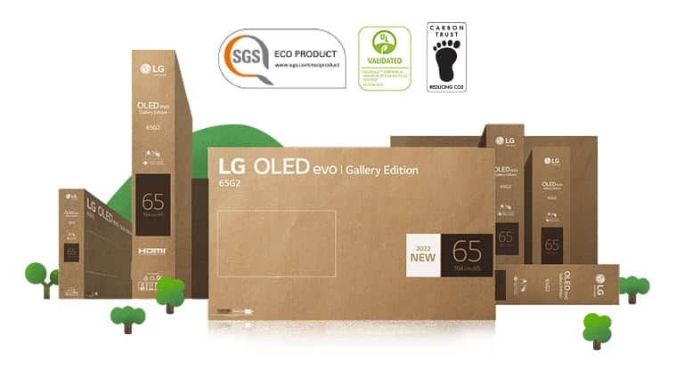Ekologiczne opakowanie z kartonu telewizora LG OLED przedstawione wśród bujnych drzew i gór