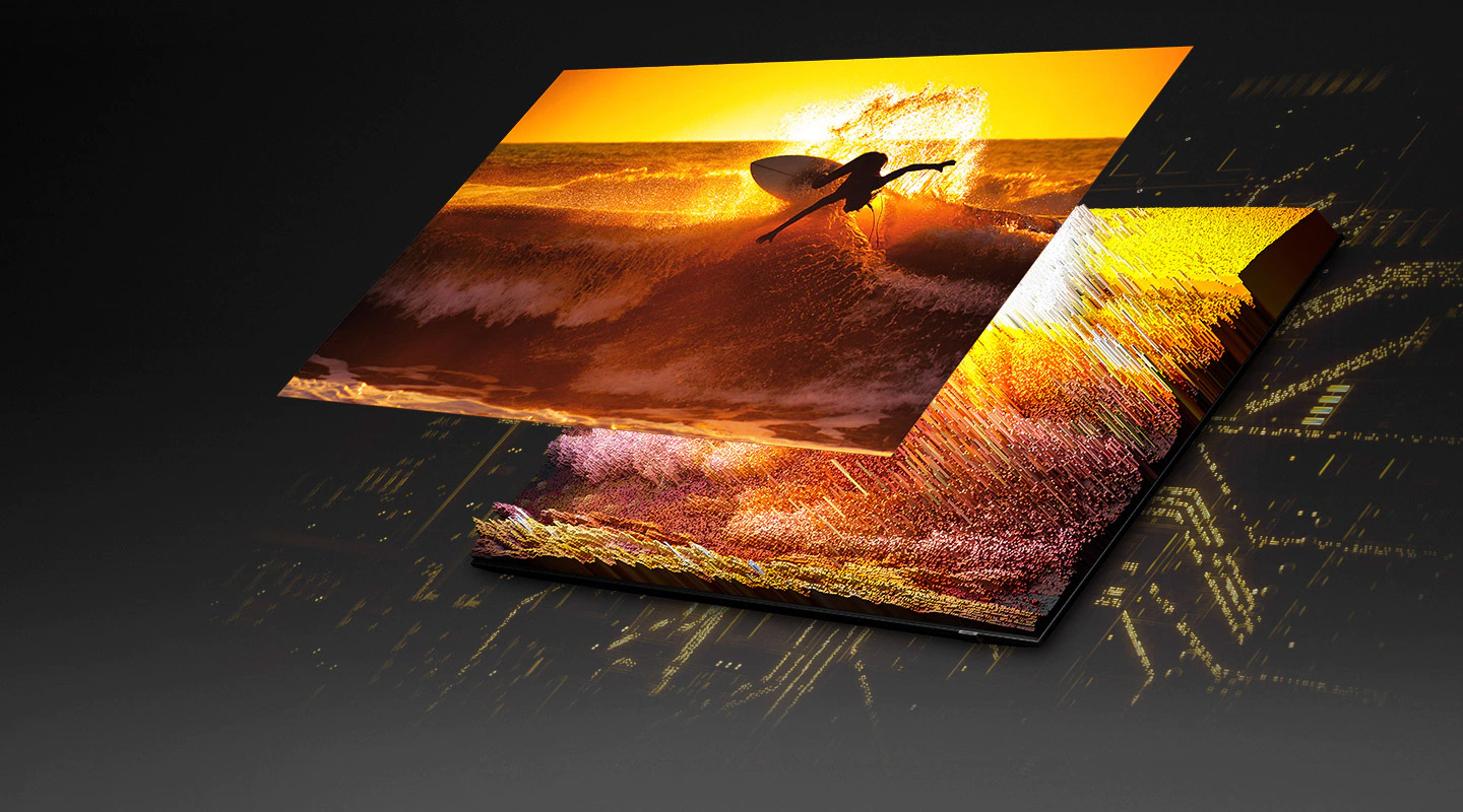 Through the Quantum Mini LED and microlayer, the image of a surfer on the screen is displayed in detail in bright and dark areas, showing very clearly. QN95BATXXH