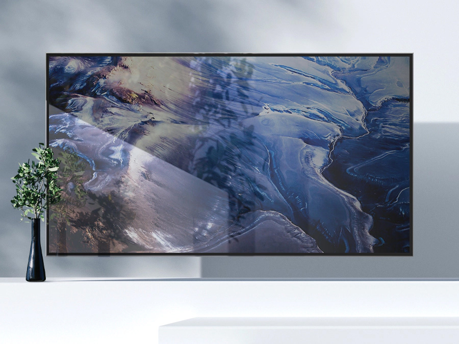 A QLED TV is showing a matte wave-like blue graphic on the screen without any light reflections. QN95BATXXH