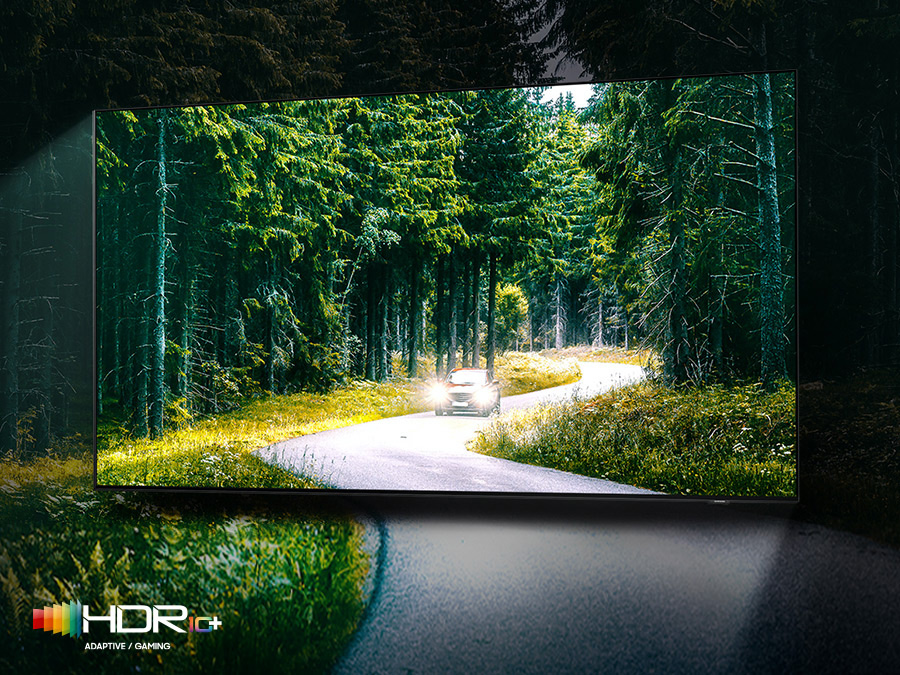 A car is running with lights on through the dense green forest on the TV screen. QLED TV shows accurate representation of bright and dark colors by catching small details. QN95BATXXH