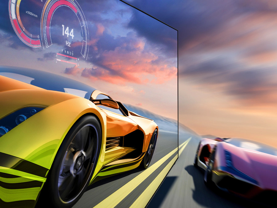 2 race cars are racing on a track. 1 looks clearer than the other and is going faster. 144Hz is on display. QN95BATXXH