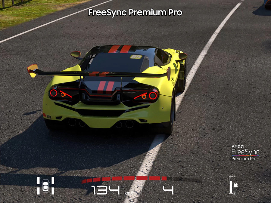The benefit of AMD FreeSync Premium Pro is explained with the tearing picture on the screen when the feature is off. QN95BATXXH