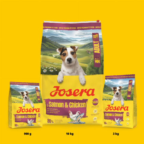 JOSERA Mini Salmon & Chicken (5 x 900 g) | Adult Mini | Premium Trockenfutter für ausgewachsene Hunde Kleiner Rassen | kleine Kroketten | mit leckerem Soßenpulver auch nass zu verfüttern | 5er Pack