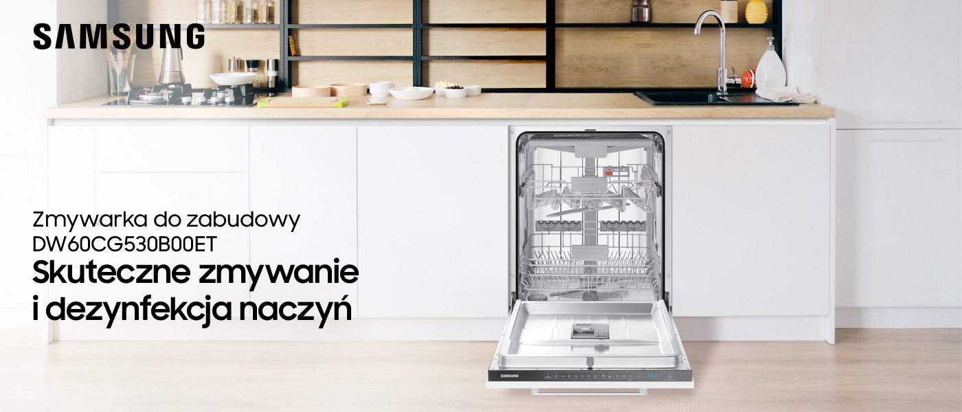Samsung: nowoczesna zmywarka DW60CG530B00ET w białej zabudowie kuchennej