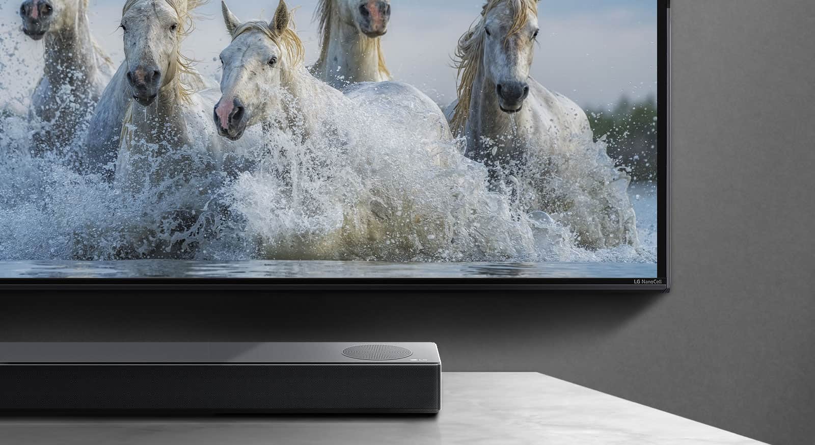 Dolna połowa ekranu i połowa soundbara. Na ekranie telewizora są wyświetlone konie biegnące nad wodą. 