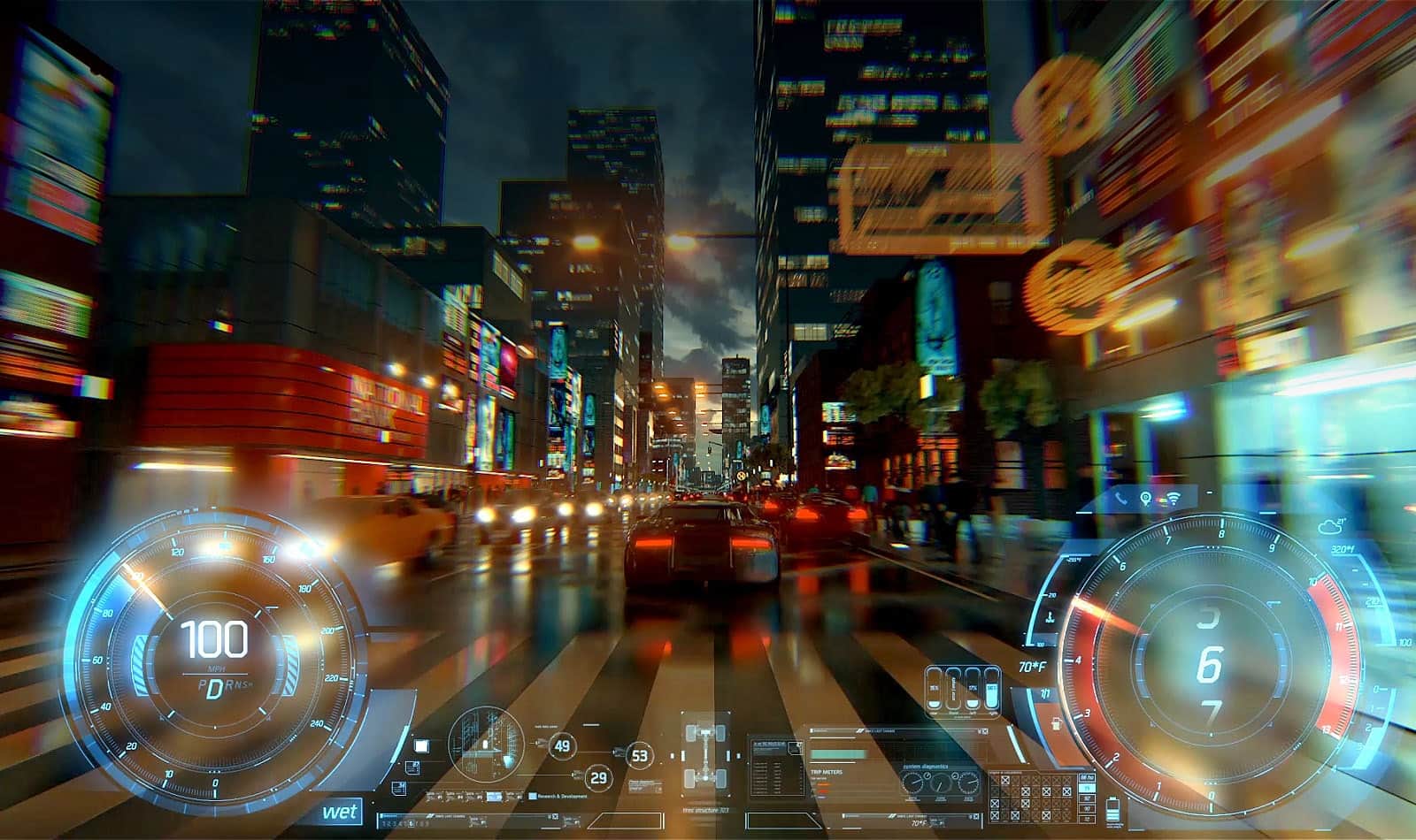 Film przedstawiający z tyłu samochód w grze wideo przejeżdżający przez jasno oświetlone ulice miasta o zmroku. 