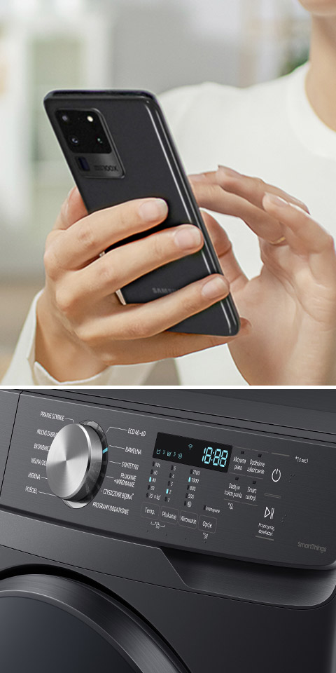 Zbliżenie na panel sterowania pralki Samsung