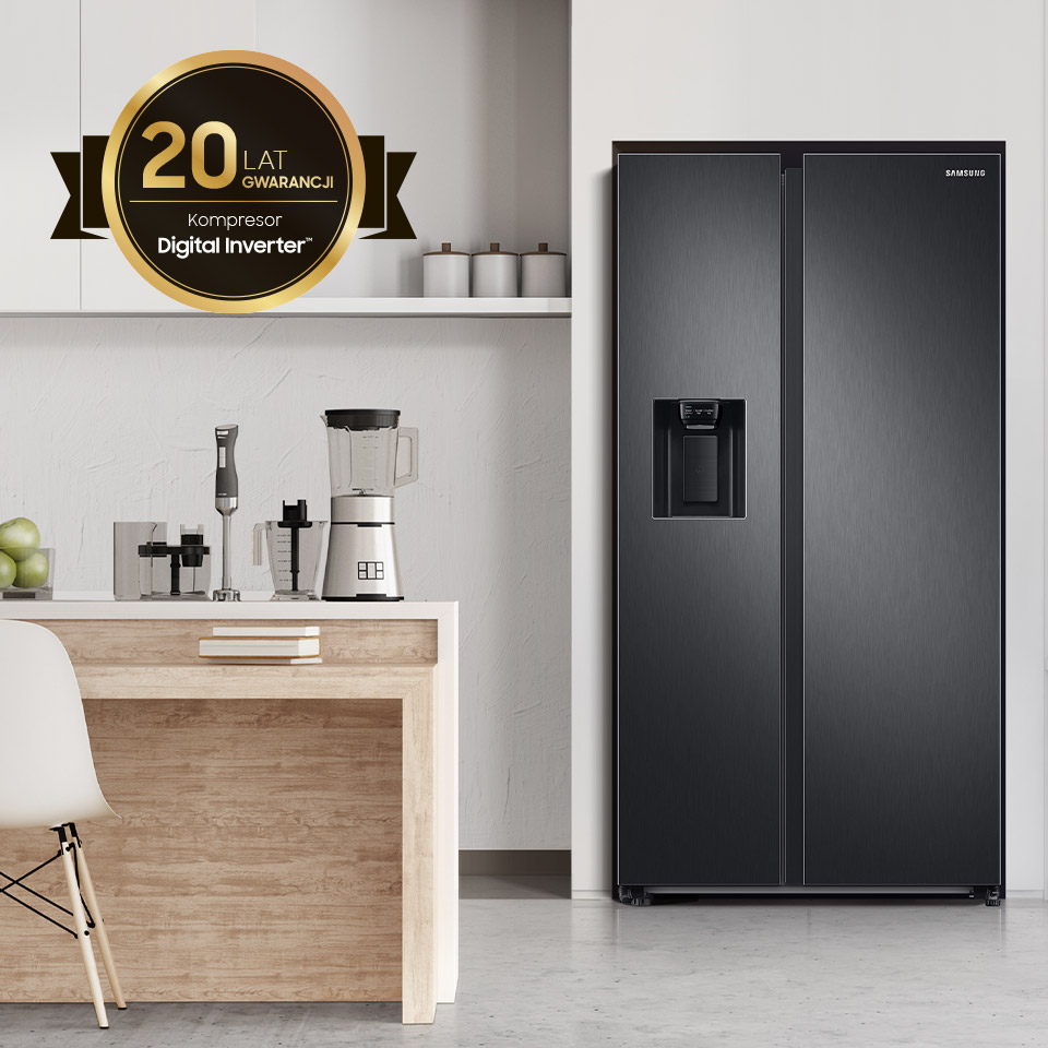 Informacja o 20-letniej gwarancji na kompresor Digital Inverter towarzysząca zdjęciu lodówki Samsung