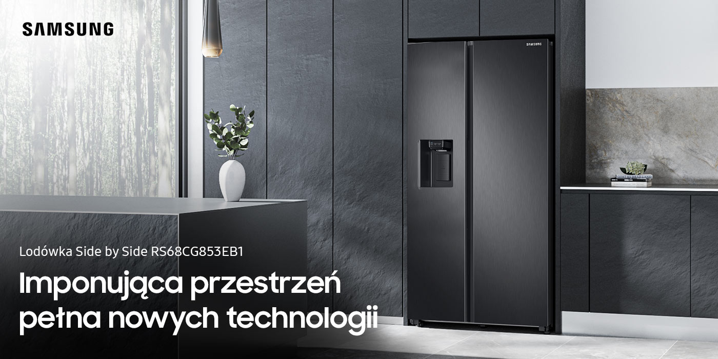 Stylowe wnętrze kuchenne, w którym umieszczona jest lodówka Samsung Side by Side RS68CG853EB1 w kolorze grafitowej stali