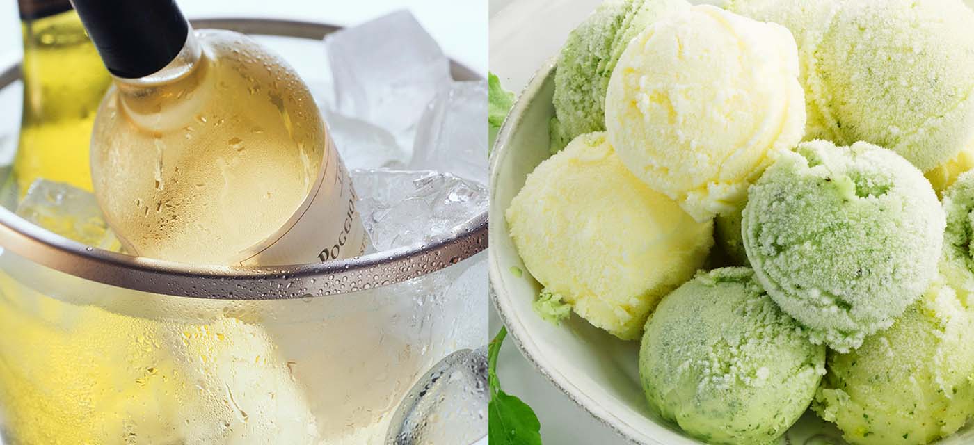 Na zdjęciu widoczna jest schłodzona butelka wina oraz zmrożone lody. Fotografia towarzyszy opisowi funkcji Power Cool oraz Power Freeze