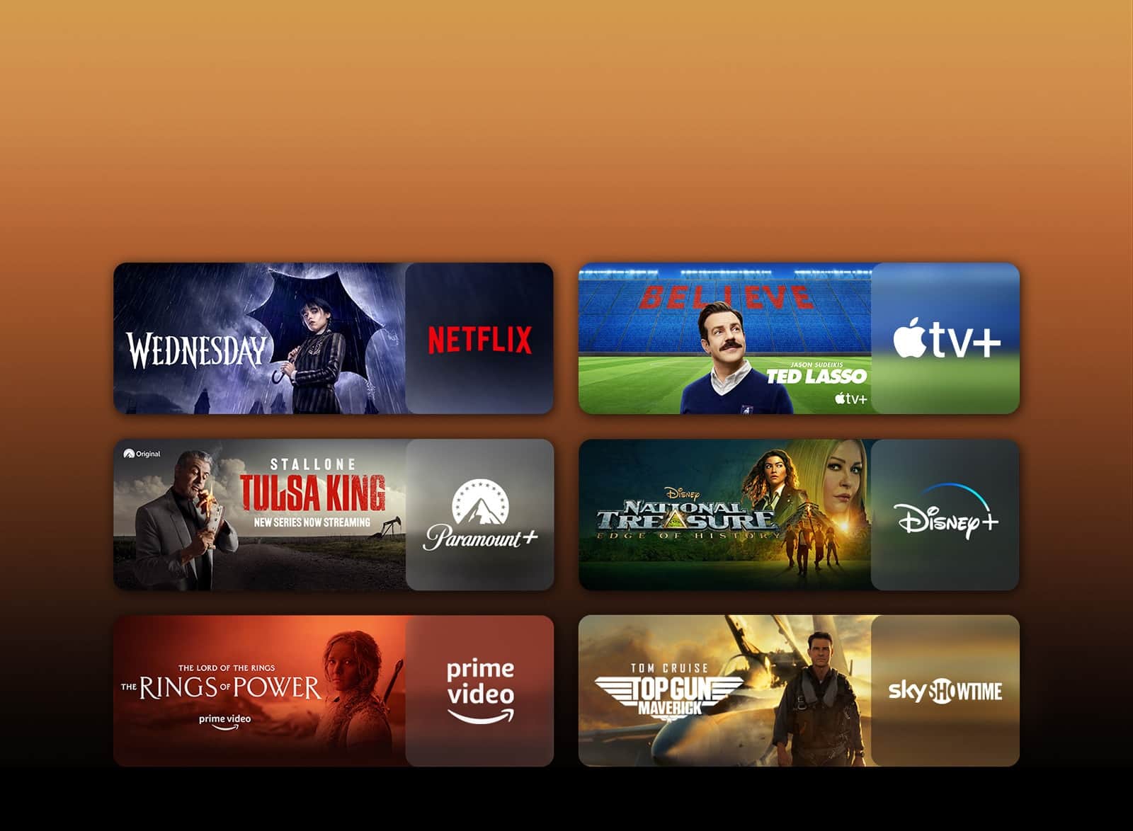 Logo platform streamingowych i odpowiadające im sceny obok nich. Są pokazane kadry z Wednesday z Netflixa, TED LASSO z Apple TV oraz Pierścieni władzy z PRIME VIDEO.