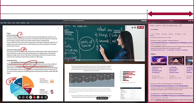 Większa przestrzeń ekranu UltraWide o proporcjach 21:9 w porównaniu do ekranu 16:9. Na ekranie widać trwające zajęcia online.